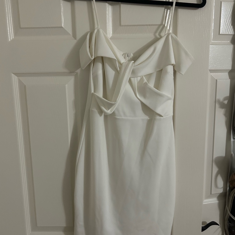Solemio White Midi Slip Dress with Flutter Sleeves and Spaghetti Straps